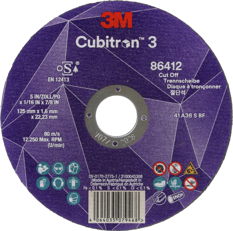 76108126  3M Cubitron II cutting discs 125x1.0x22.2 mm, hard, extra thin, for sst